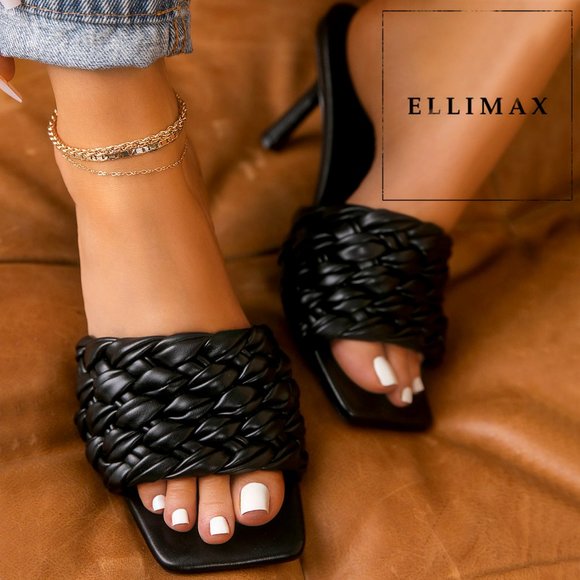 BAMBOO Shoes - NEW🔥 Black Open Toe Braided Woven Band Stiletto Heel Slide Mules Sandal Slip-On